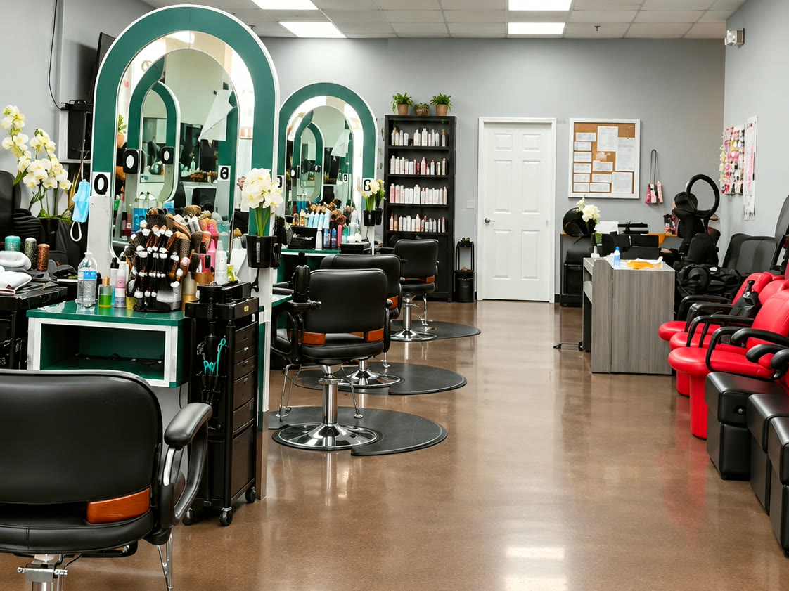 Salon interior with arched green-framed mirrors, styling stations and black styling chairs
