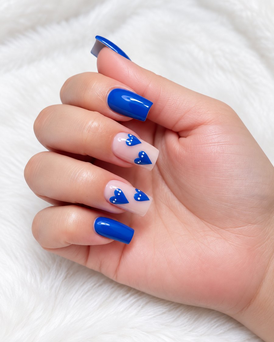 Square nails in cobalt blue with milky-nude hearts dotted in white, resting on white faux fur