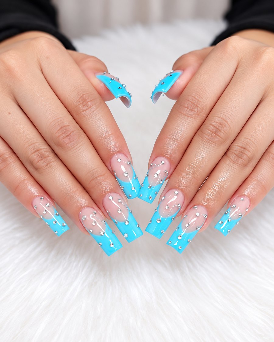 Long square nude nails with baby-blue French tips, silver glitter lines and scattered crystals