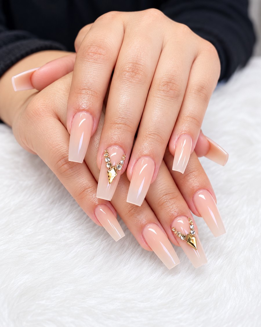 Long tapered nails in a milky nude ombré with a rhinestone chandelier accent nail