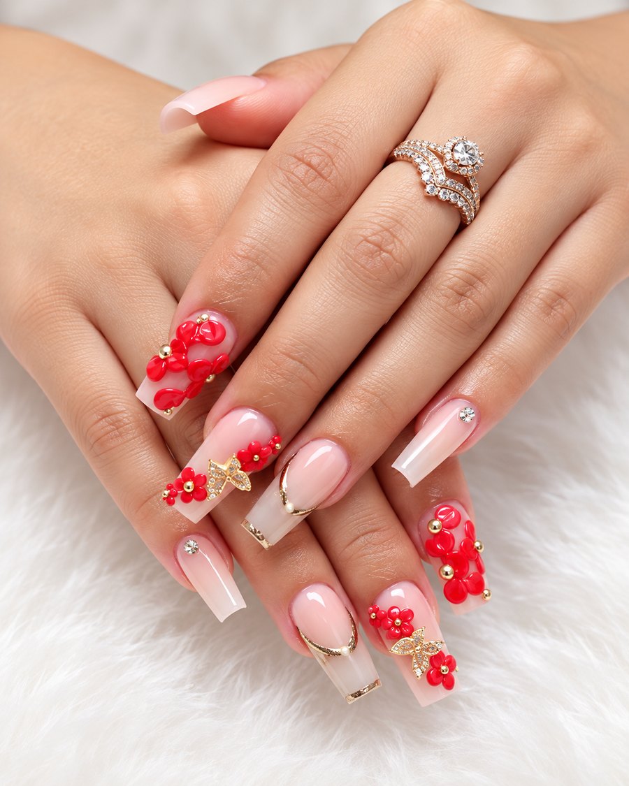Long tapered nails with a sheer nude base, red sculpted flowers, gold butterflies and gold French lines